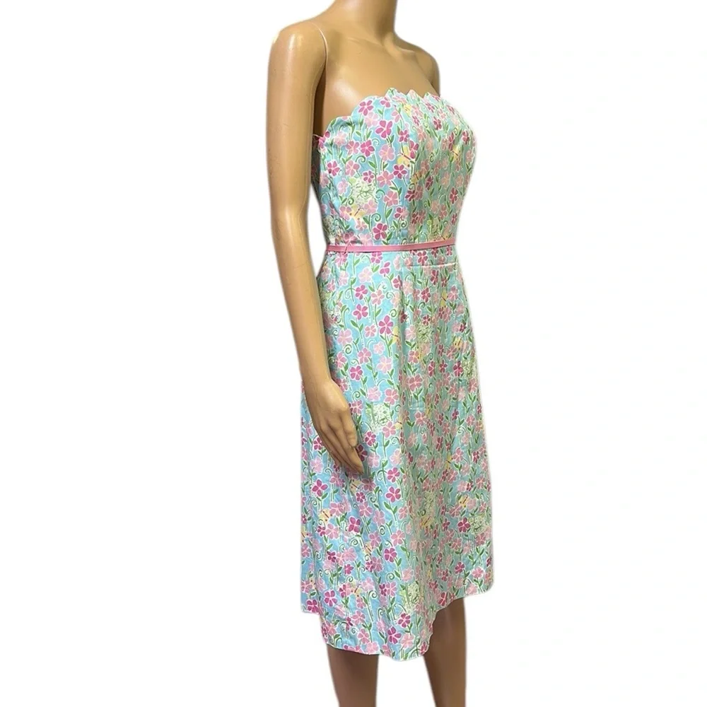 Lilly Pulitzer Strapless Wave Blue Floral Butterfly Tiger Scalloped Trim Dress 6 - Picture 2 of 13